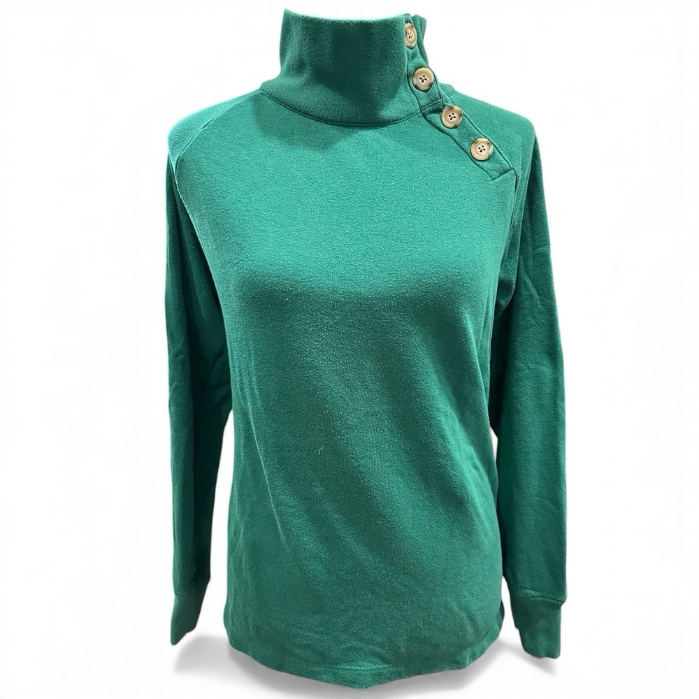 J Crew Green Women's Vintage Fleece Turtleneck Sweatshirt Button Neck Medium M